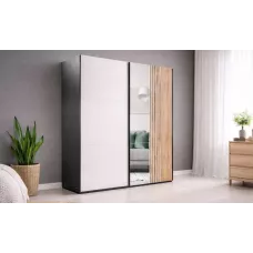 Dulap Evora 2 Usi D2 Alb/Negru/Riflaj cu Oglinda
