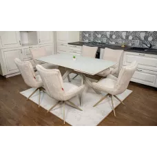 Set Masă Living Extensibilă Bej DTM0107 cu 6 Scaune DCM0607CS Bej