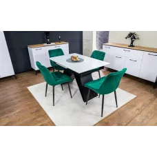 Set Masă Living Extensibilă KJT417 Albă cu 4 Scaune KJC0357 Verzi