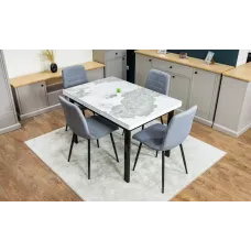 Set Masă Living Extensibilă Blat Ceramic KJD416 Alb-Cappuccino cu 4 Scaune KJC5341 Gri