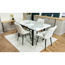 Set Masă Living Extensibilă Blat Ceramic KJD416 Alb-Cappuccino cu 4 Scaune KJC0357 Bej