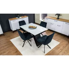 Set Masă Living Extensibilă KJT417 Albă cu 4 Scaune KJC356 Negre