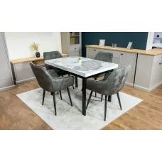 Set Masă Living Extensibilă Blat Ceramic KJD416 Alb-Cappuccino cu 4 Scaune KJC4343 Gri Deschis