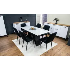 Set Masă Living Extensibilă KJT417 Albă cu 6 Scaune KJC176 Negre