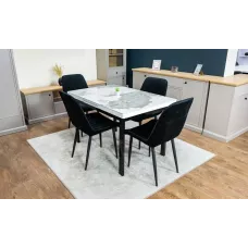 Set Masă Living Extensibilă Blat Ceramic KJD416 Alb-Cappuccino cu 4 Scaune KJC176 Negre