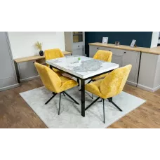 Set Masă Living Extensibilă Blat Ceramic KJD416 Alb-Cappuccino cu 4 Scaune KJC4347 Galbene