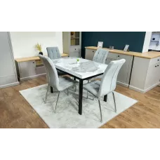 Set Masă Living Extensibilă Blat Ceramic KJD416 Alb-Cappuccino cu 4 Scaune F630 Gri