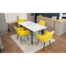 Set Masă Living Extensibilă KJT4711-1 Alb cu 4 Scaune Tapițate KJC38 Galbene