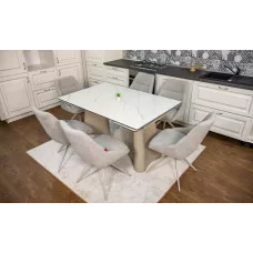 Set Masă Living Extensibilă Blat Ceramic Alb Marmura CT234 cu Set 6 Scaune DCM0108CS